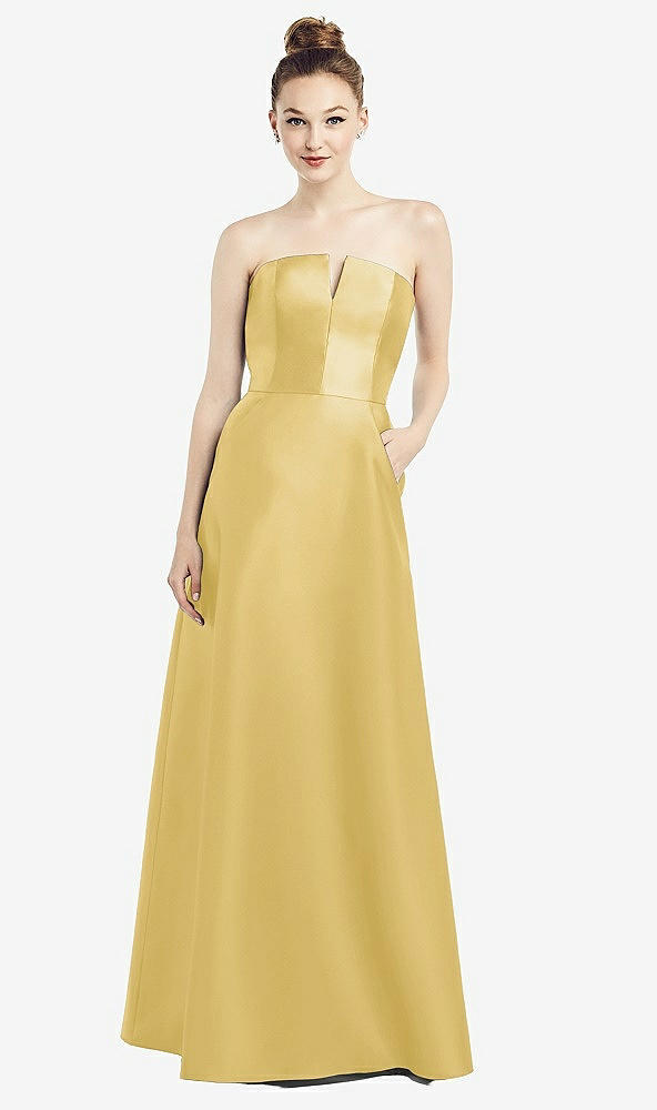 Front View - Maize Strapless Notch Satin Gown with Pockets