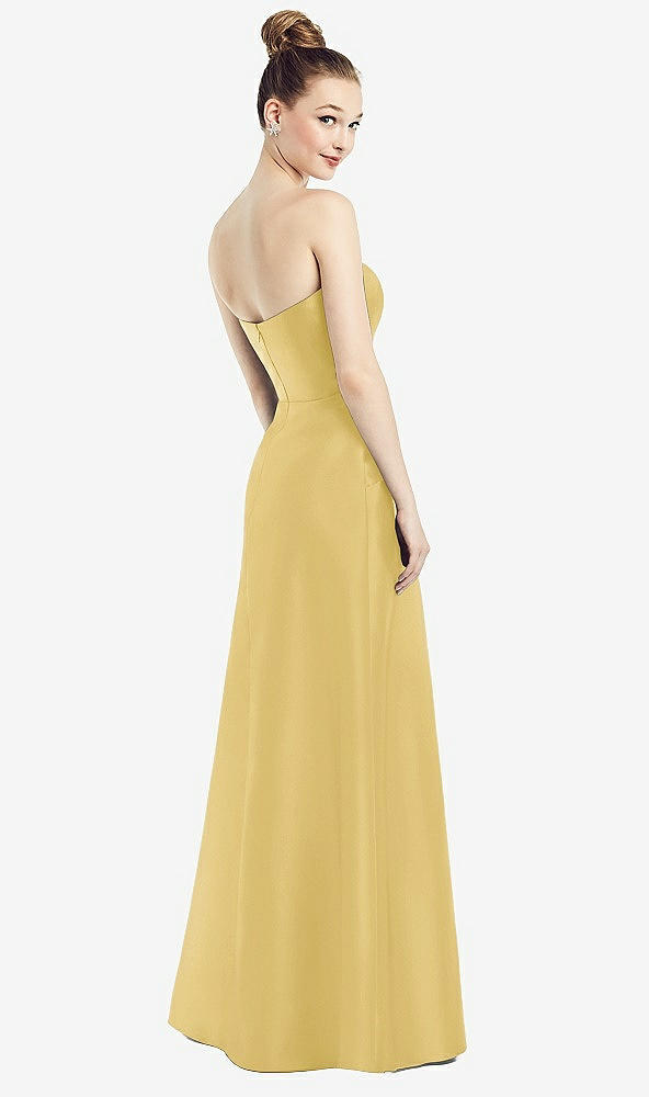 Back View - Maize Strapless Notch Satin Gown with Pockets