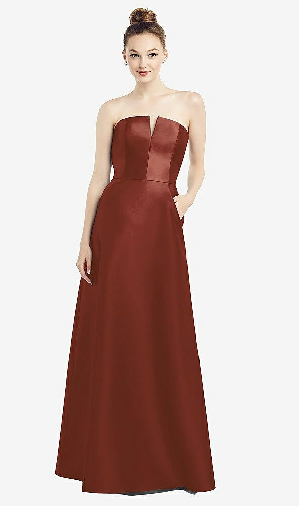 Front View - Auburn Moon Strapless Notch Satin Gown with Pockets
