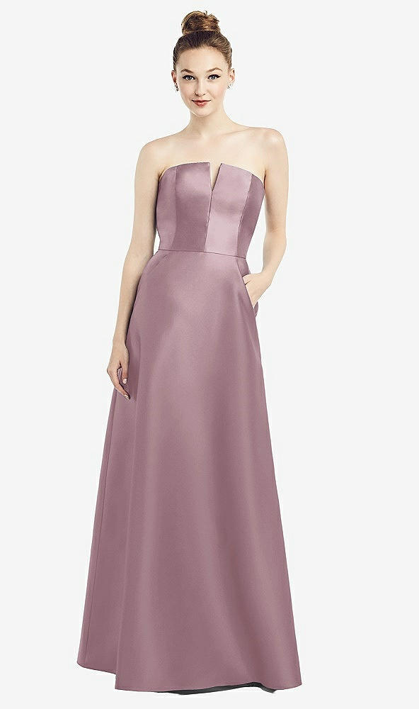 Front View - Dusty Rose Strapless Notch Satin Gown with Pockets