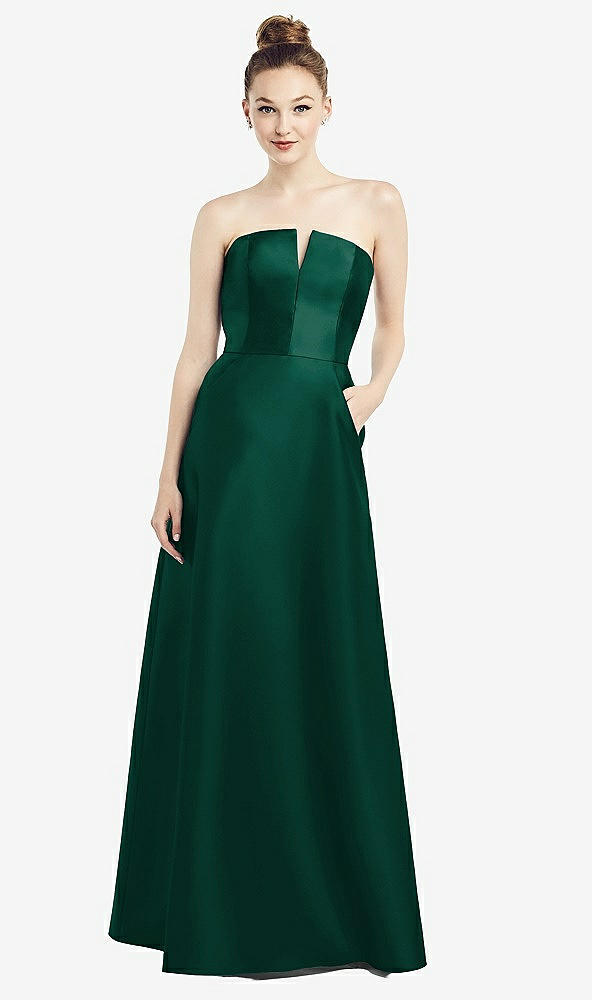 Front View - Hunter Green Strapless Notch Satin Gown with Pockets