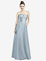 Front View Thumbnail - Mist Strapless Notch Satin Gown with Pockets