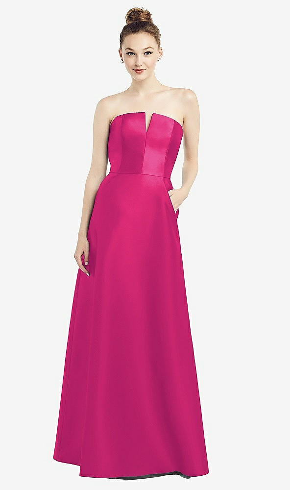 Front View - Think Pink Strapless Notch Satin Gown with Pockets