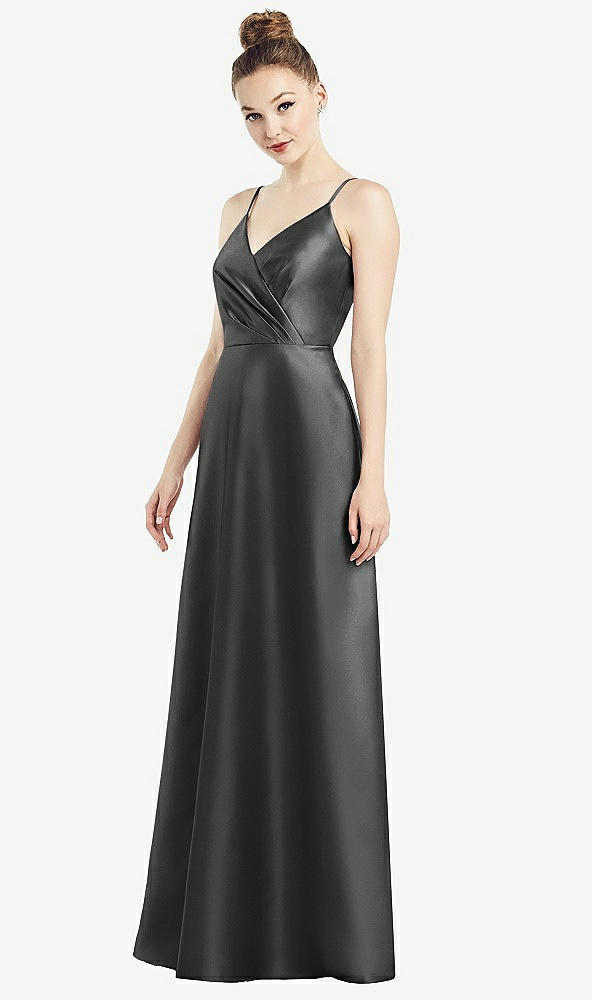 Front View - Pewter Draped Wrap Satin Maxi Dress with Pockets