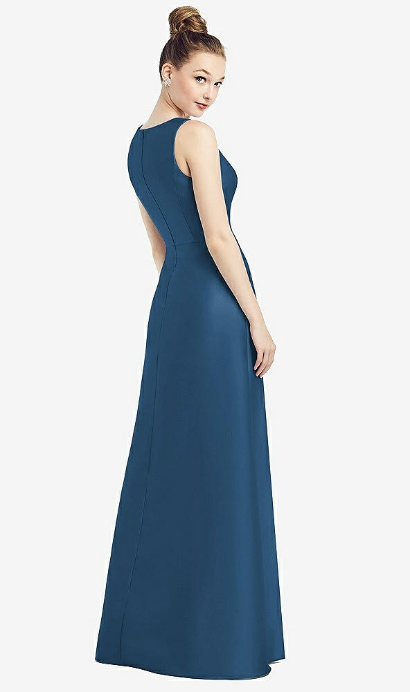 Back View - Dusk Blue Sleeveless V-Neck Satin Dress with Pockets