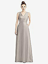 Front View Thumbnail - Taupe Sleeveless V-Neck Satin Dress with Pockets