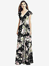 Front View Thumbnail - Noir Garden Flutter Sleeve Faux Wrap Chiffon Dress