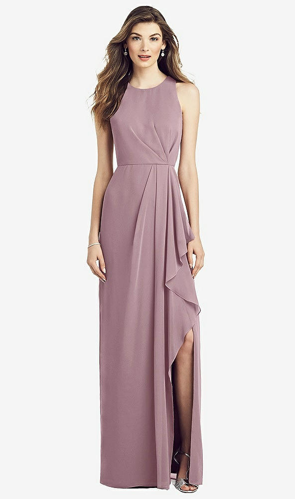 Front View - Dusty Rose Sleeveless Chiffon Dress with Draped Front Slit