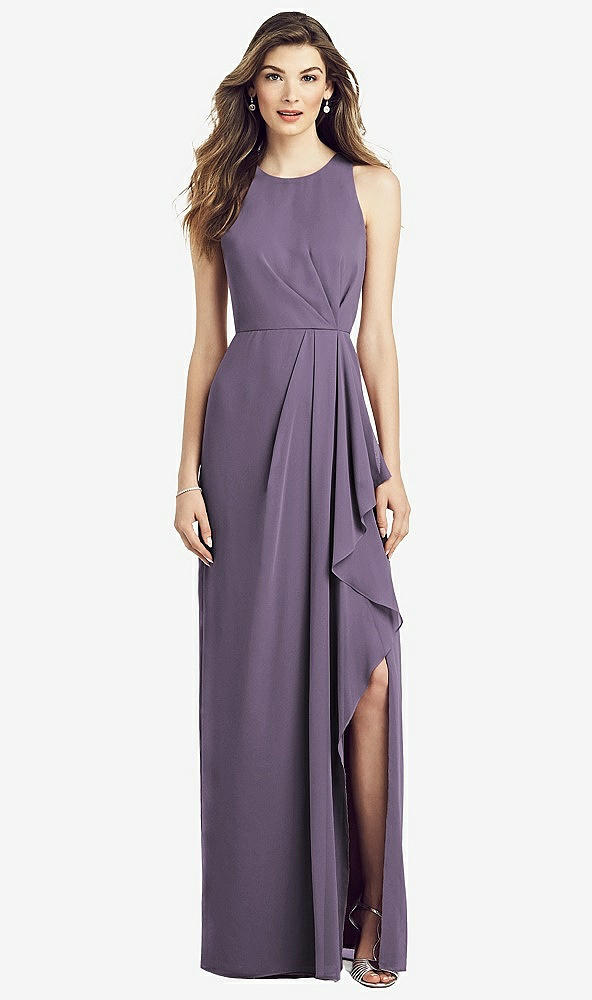 Front View - Lavender Sleeveless Chiffon Dress with Draped Front Slit