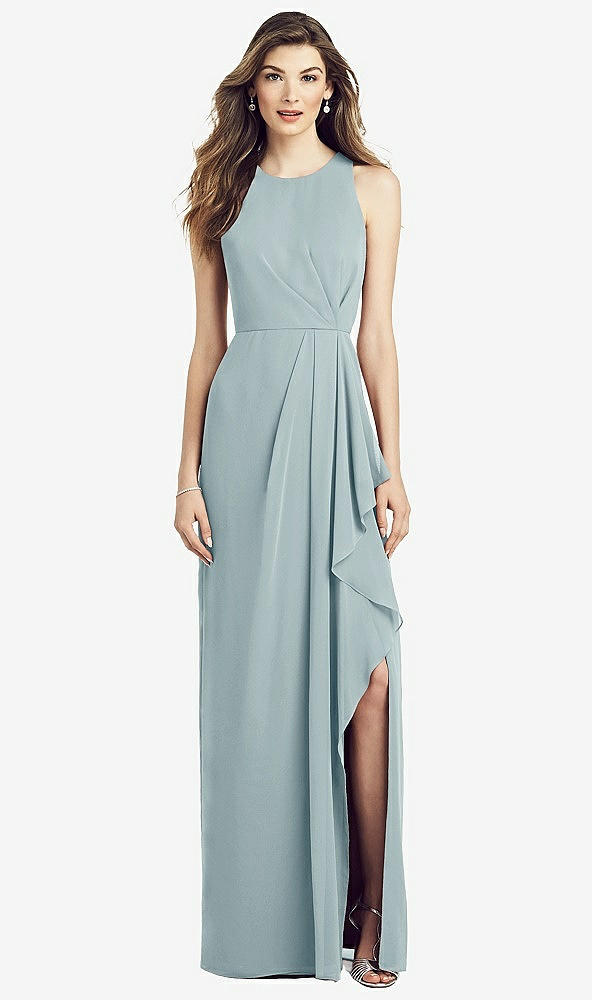 Front View - Morning Sky Sleeveless Chiffon Dress with Draped Front Slit