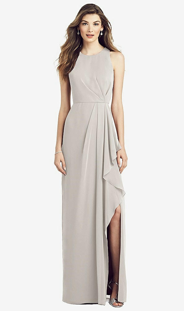 Front View - Oyster Sleeveless Chiffon Dress with Draped Front Slit