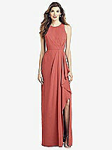 Front View Thumbnail - Coral Pink Sleeveless Chiffon Dress with Draped Front Slit