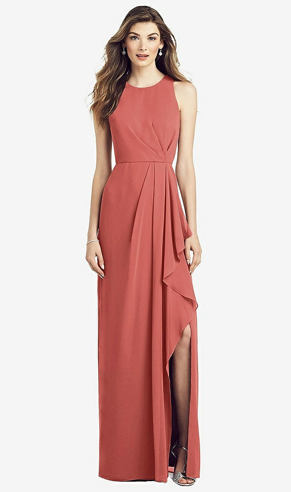 Front View - Coral Pink Sleeveless Chiffon Dress with Draped Front Slit
