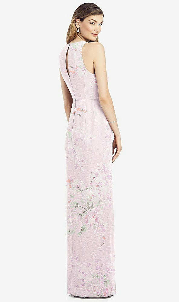 Back View - Watercolor Print Sleeveless Chiffon Dress with Draped Front Slit