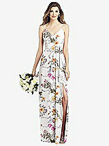 Front View Thumbnail - Butterfly Botanica Ivory Spaghetti Strap Draped Skirt Gown with Front Slit