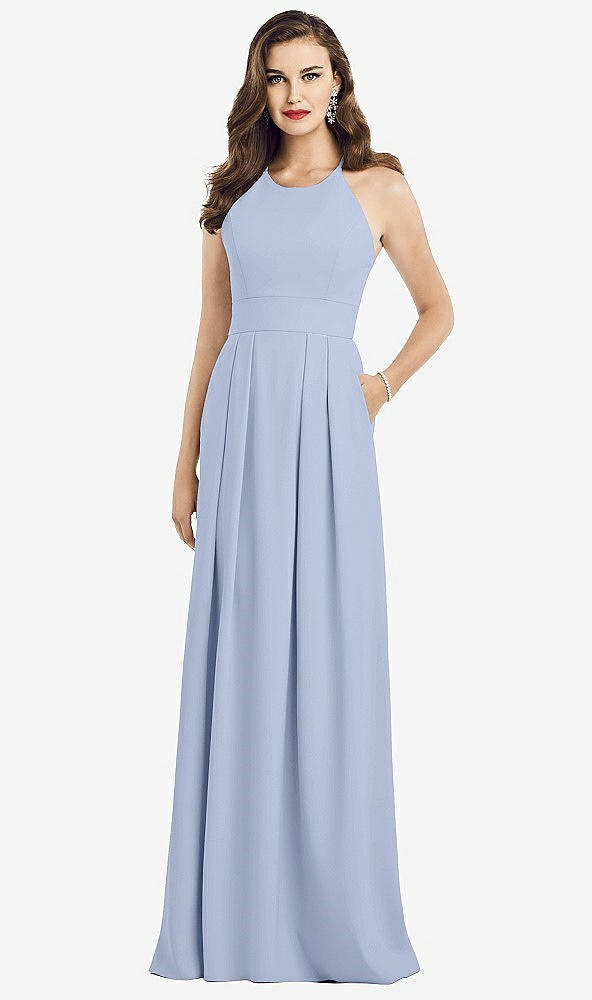 Front View - Sky Blue Criss Cross Back Crepe Halter Dress with Pockets