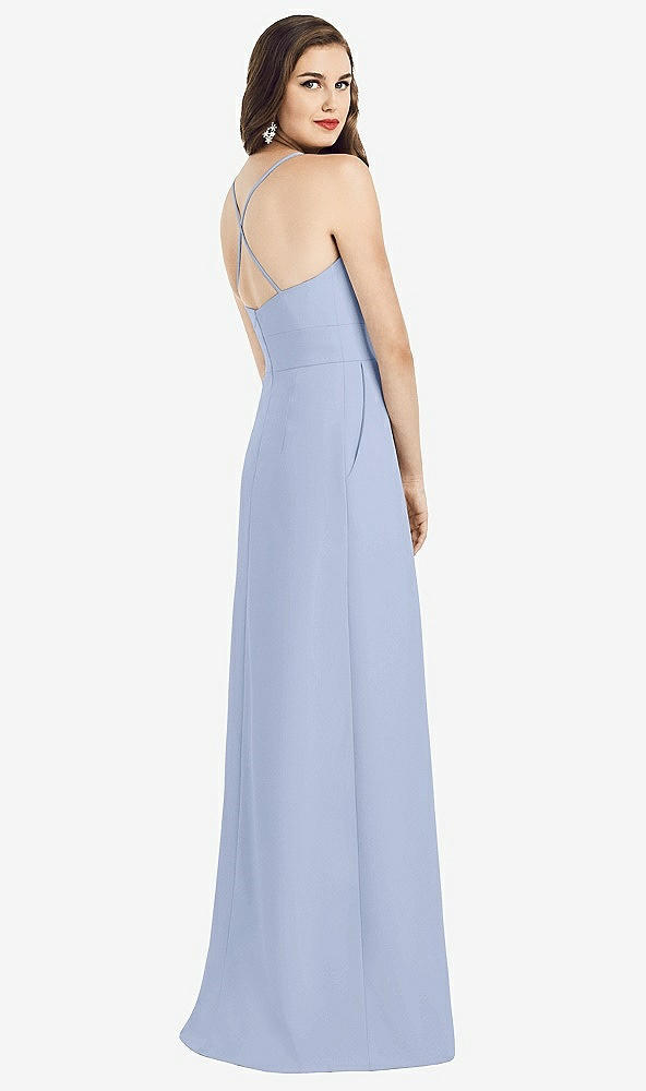 Back View - Sky Blue Criss Cross Back Crepe Halter Dress with Pockets