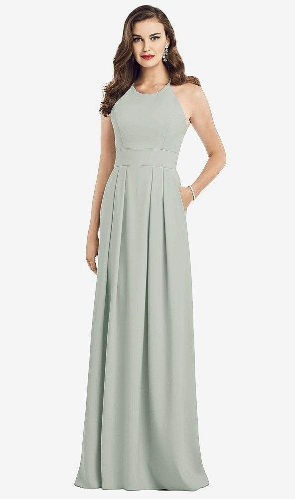 Front View - Willow Green Criss Cross Back Crepe Halter Dress with Pockets
