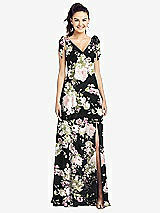 Front View Thumbnail - Noir Garden Bow-Shoulder V-Back Chiffon Gown with Front Slit