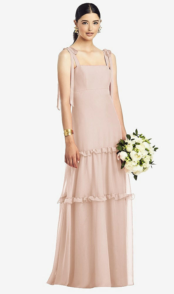 Front View - Cameo Bowed Tie-Shoulder Chiffon Dress with Tiered Ruffle Skirt