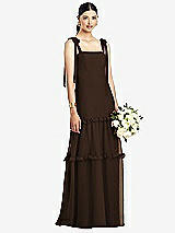 Front View Thumbnail - Espresso Bowed Tie-Shoulder Chiffon Dress with Tiered Ruffle Skirt