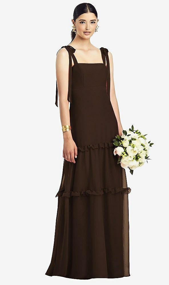 Front View - Espresso Bowed Tie-Shoulder Chiffon Dress with Tiered Ruffle Skirt