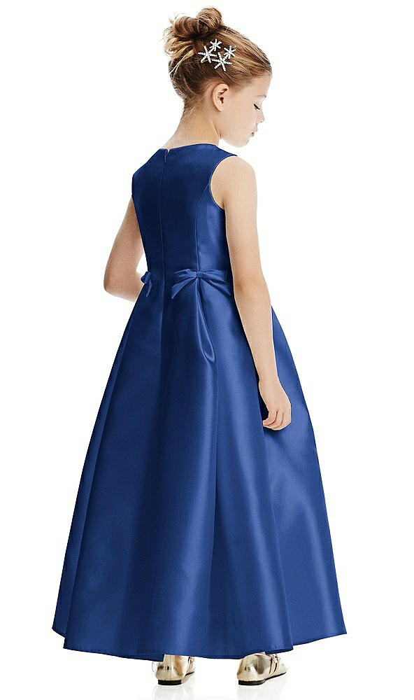 Back View - Classic Blue Princess Line Satin Twill Flower Girl Dress with Bows