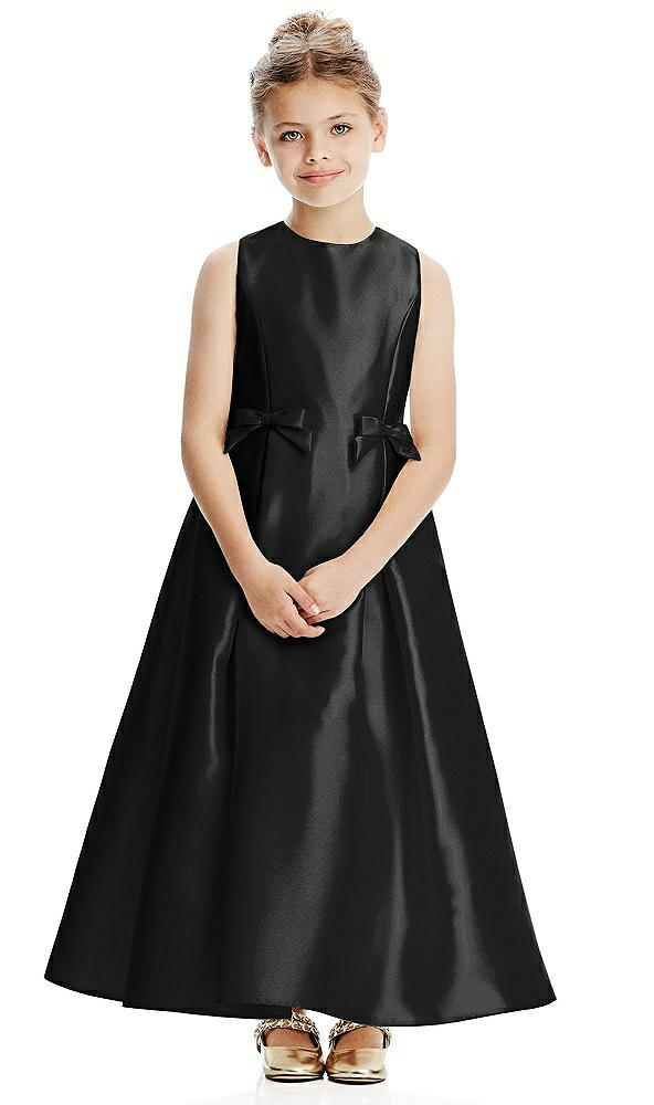 Front View - Black Princess Line Satin Twill Flower Girl Dress with Bows