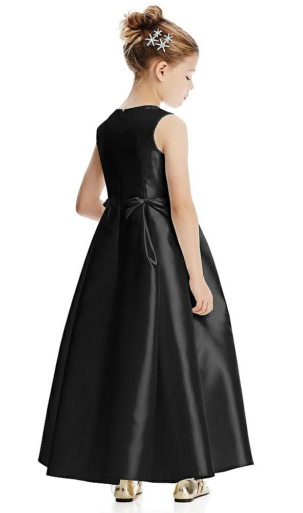 Back View - Black Princess Line Satin Twill Flower Girl Dress with Bows