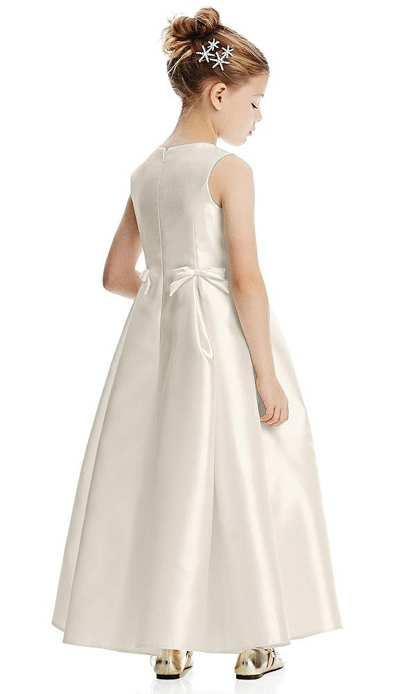 Back View - Ivory Princess Line Satin Twill Flower Girl Dress with Bows