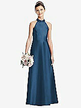 Front View Thumbnail - Dusk Blue Halter Open-back Satin Junior Bridesmaid Dress with Pockets