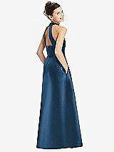 Rear View Thumbnail - Dusk Blue Halter Open-back Satin Junior Bridesmaid Dress with Pockets