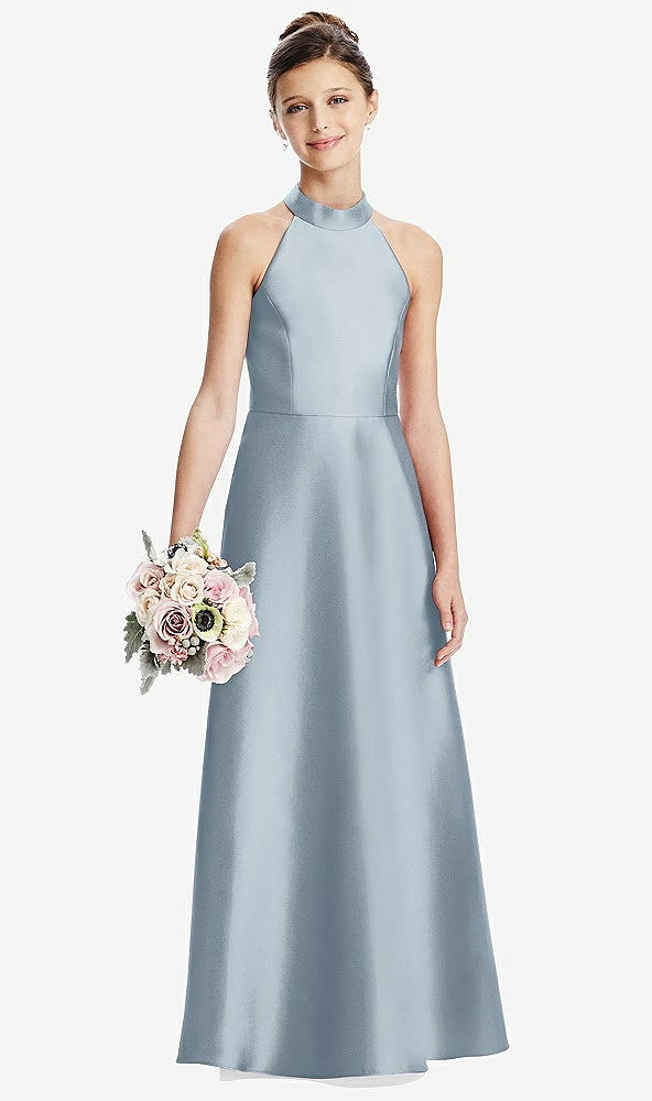 Front View - Mist Halter Open-back Satin Junior Bridesmaid Dress with Pockets