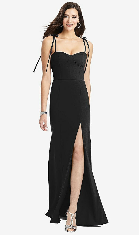 Front View - Black Bustier Crepe Gown with Adjustable Bow Straps