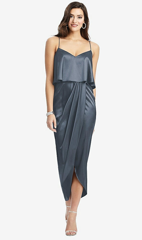 Front View - Silverstone Popover Bodice Midi Dress with Draped Tulip Skirt