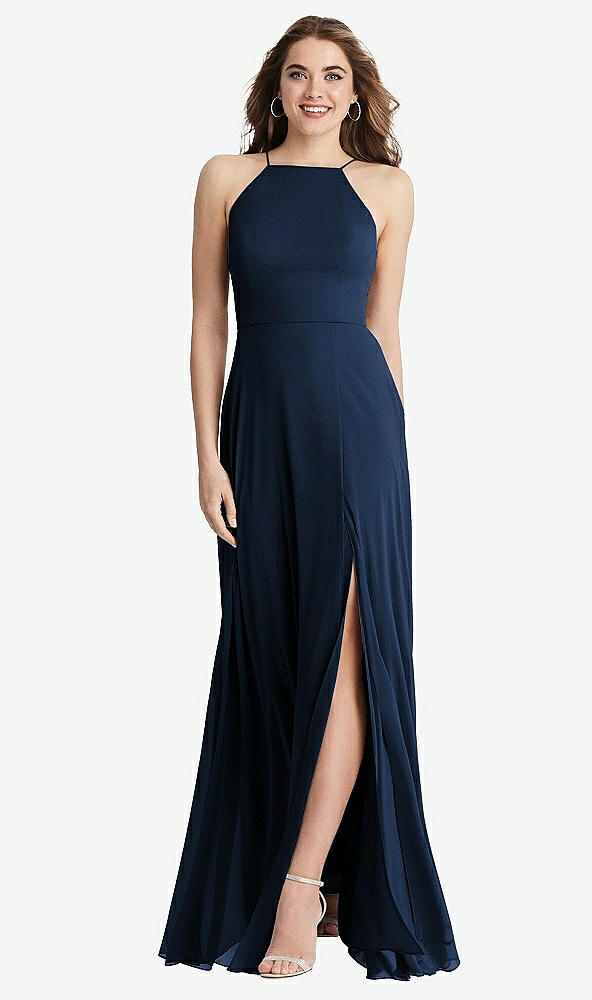 Front View - Midnight Navy High Neck Chiffon Maxi Dress with Front Slit - Lela