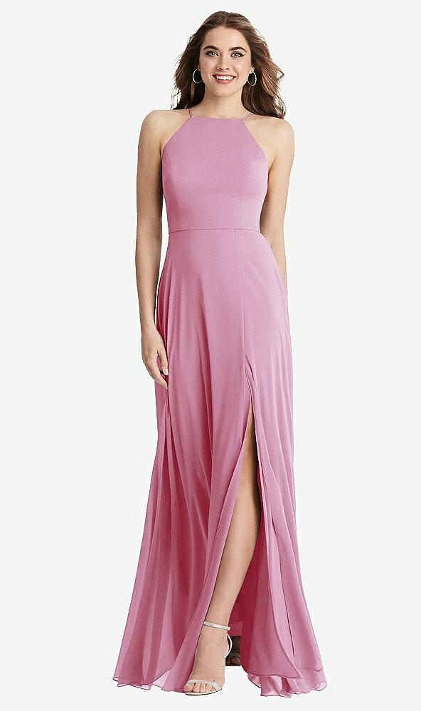 Front View - Powder Pink High Neck Chiffon Maxi Dress with Front Slit - Lela