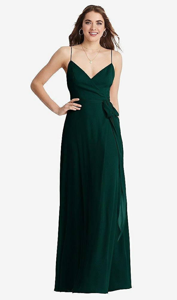 Front View - Evergreen Chiffon Maxi Wrap Dress with Sash - Cora