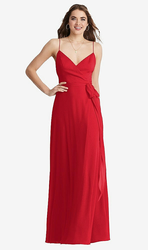 Front View - Parisian Red Chiffon Maxi Wrap Dress with Sash - Cora
