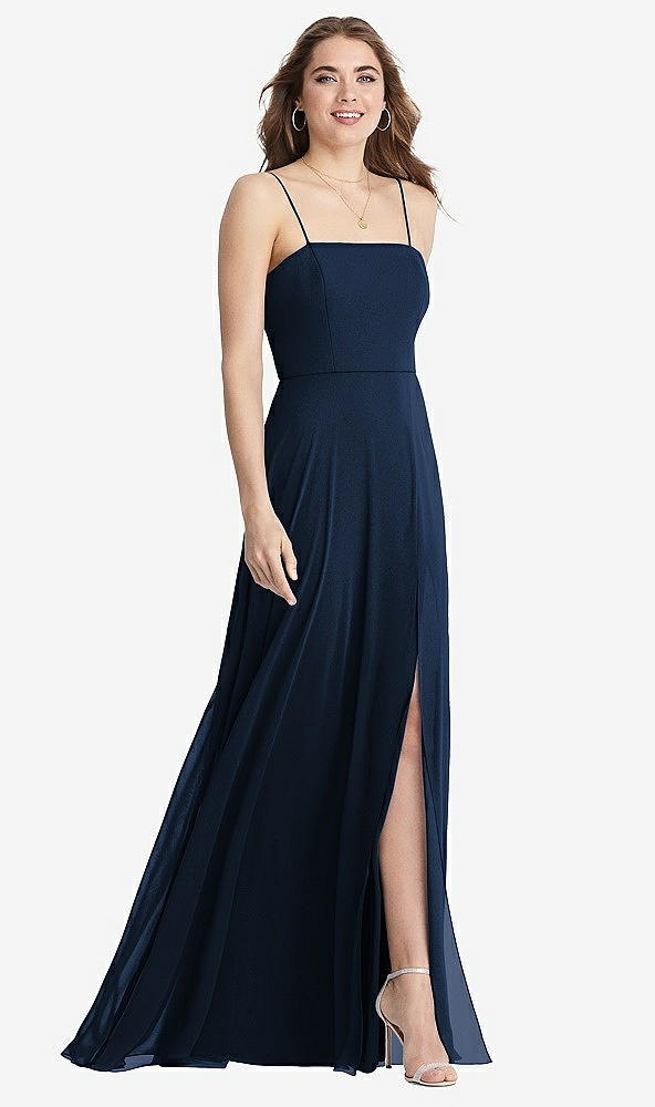 Front View - Midnight Navy Square Neck Chiffon Maxi Dress with Front Slit - Elliott