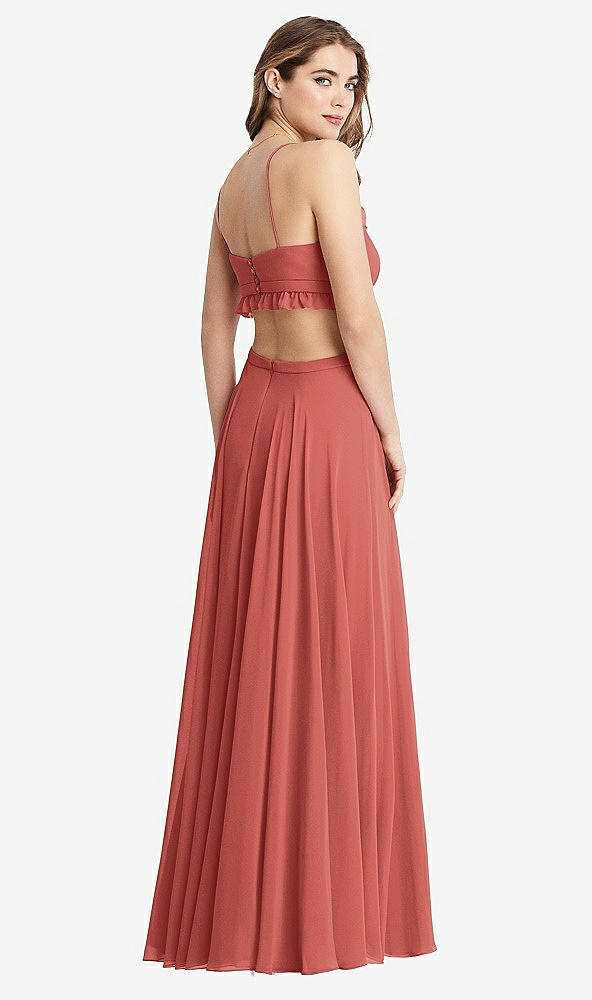 Back View - Coral Pink Ruffled Chiffon Cutout Maxi Dress - Jessie