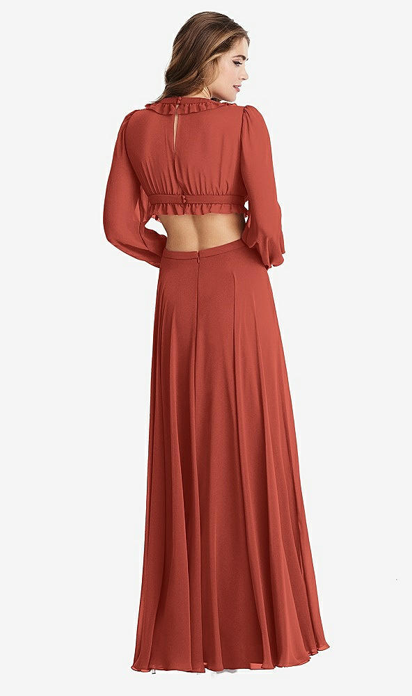Back View - Amber Sunset Bishop Sleeve Ruffled Chiffon Cutout Maxi Dress - Harlow 