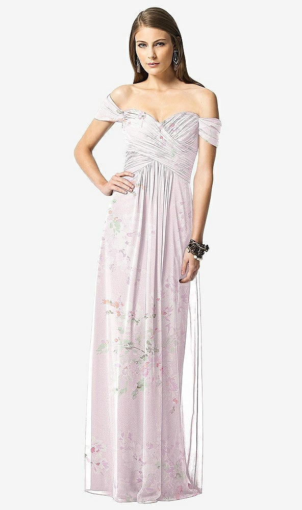 Front View - Watercolor Print Off-the-Shoulder Ruched Chiffon Maxi Dress - Alessia