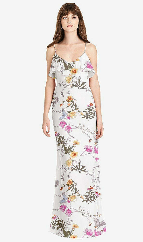 Front View - Butterfly Botanica Ivory Ruffle-Trimmed Backless Maxi Dress