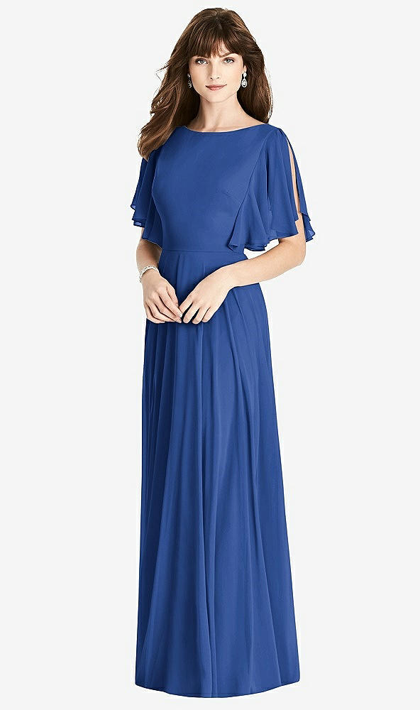 Back View - Classic Blue Split Sleeve Backless Maxi Dress - Lila
