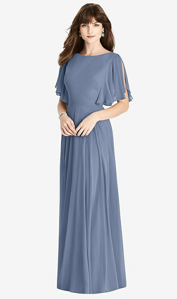 Back View - Larkspur Blue Split Sleeve Backless Maxi Dress - Lila