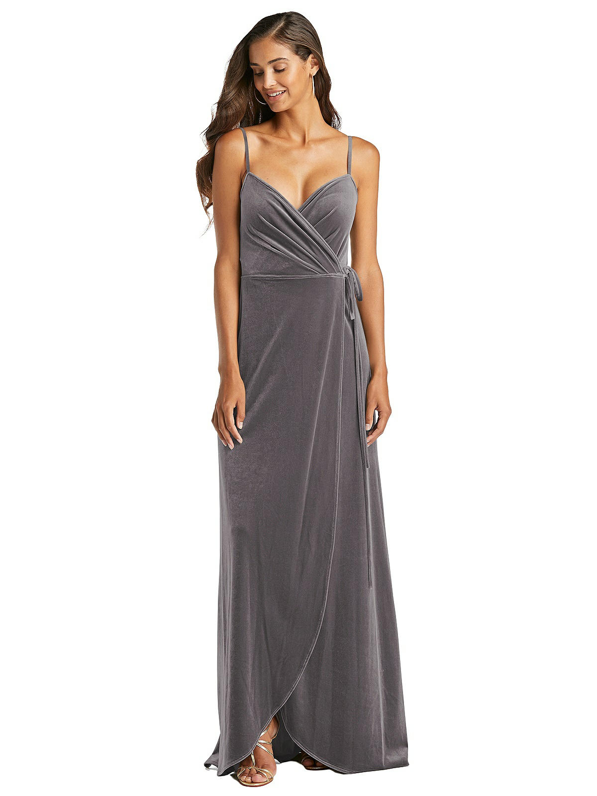Velvet Wrap Maxi Bridesmaid Dress With Pockets In Caviar Gray | The Dessy  Group