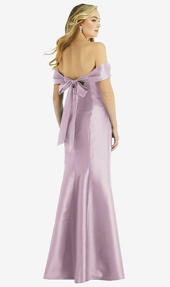 Back View - Suede Rose Off-the-Shoulder Bow-Back Satin Trumpet Gown