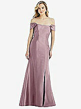 Side View Thumbnail - Dusty Rose Off-the-Shoulder Bow-Back Satin Trumpet Gown