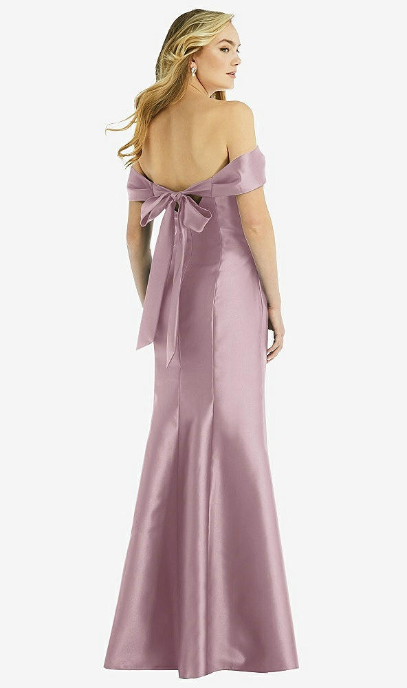 Back View - Dusty Rose Off-the-Shoulder Bow-Back Satin Trumpet Gown